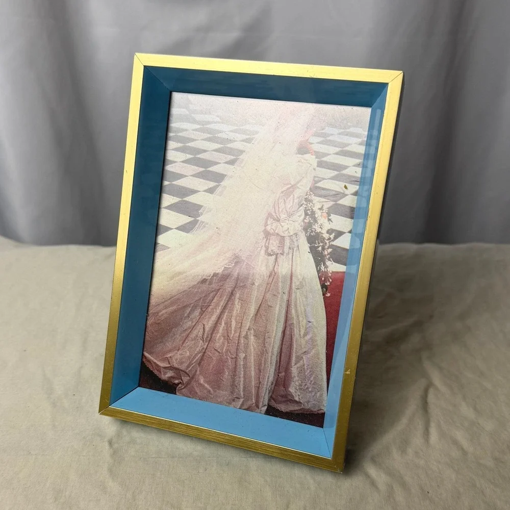 VTG Princess Diana Wedding Photo Gold Blue Frame Small 4x6 Tabletop Easel